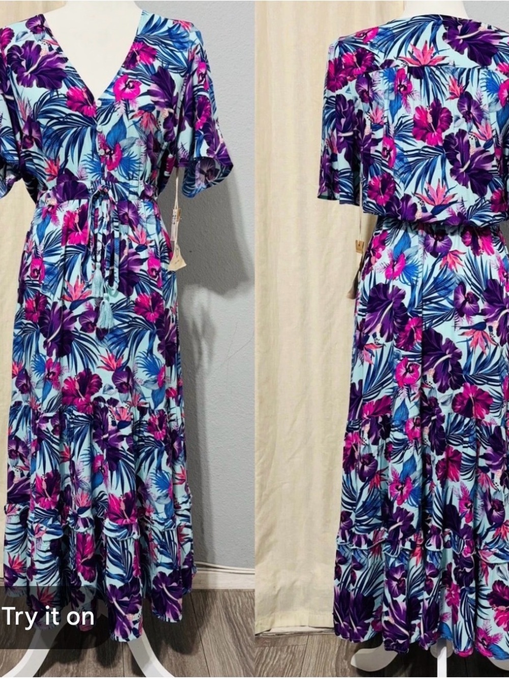 Aqua Floral V-Neck Maxi Dress with Pink & Purple Blooms